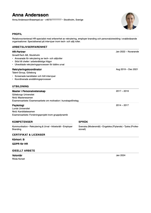 Exempel på ett färdigt en-sidigt CV från NextJobbs gratis CV-byggare